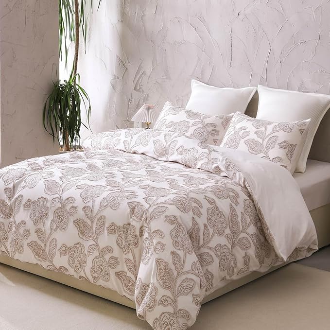 meadow park Cotton Clipped Jacquard Duvet Cover Set Queen, 3 Pieces Jacobean Floral Bedding Set (Taupe, Queen)
