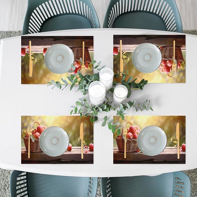 Apple Fall Fruit Basket Placemats Set of 6 PVC Vinyl Non Slip Table Mats Heat Resistant Place Mats Washable Wipeable Dining Table Mat for Kitchen Decor Party Indoor Outdoor Decorative Gift