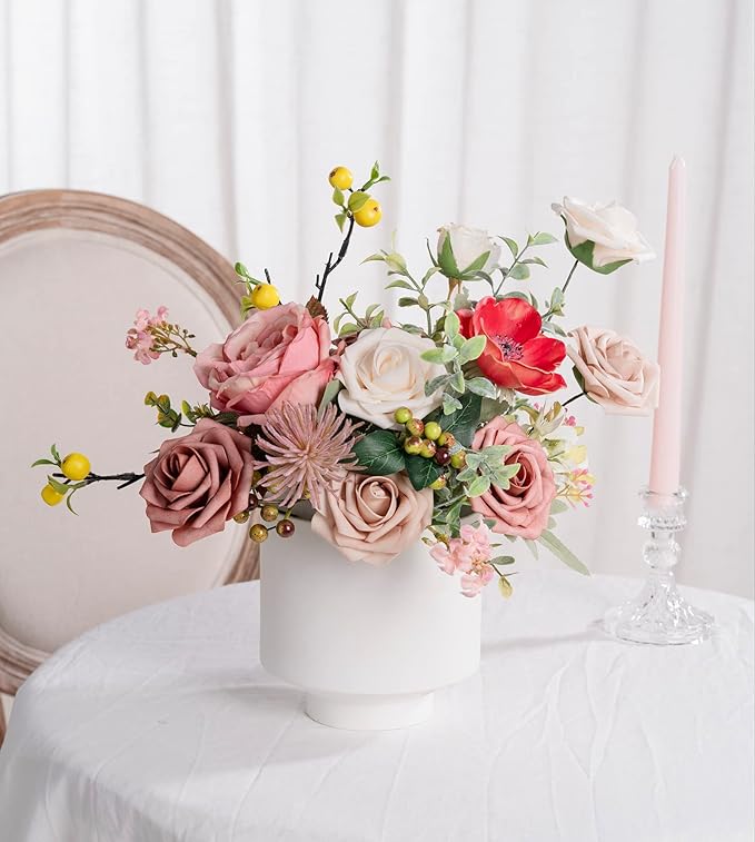 Artificial Roses Flowers 25pcs Morandi Peach Ombre Colors Foam Fake Roses with Stems for DIY Wedding Bouquets Bridal Shower Centerpieces Party Home Decorations