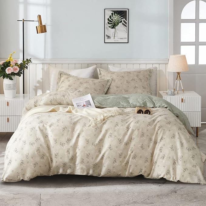 EAVD Boho Floral Duvet Cover Full Soft Cotton Garden Beige Floral Bedding Sets Full Aesthetic with 2 Pillowcases Chic Shabby Botanical Duvet Cover with Zipper Closure
