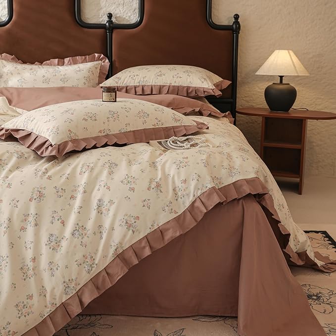 Ruffle Duvet Cover King 100% Cotton Vintage Floral Comforter Cover Aesthetic Rose Flower Duvet Cover Romantic Ruffle Comforter Cover Botanical Floral Bedding Lace Duvet Cover with 2 Pillowcases