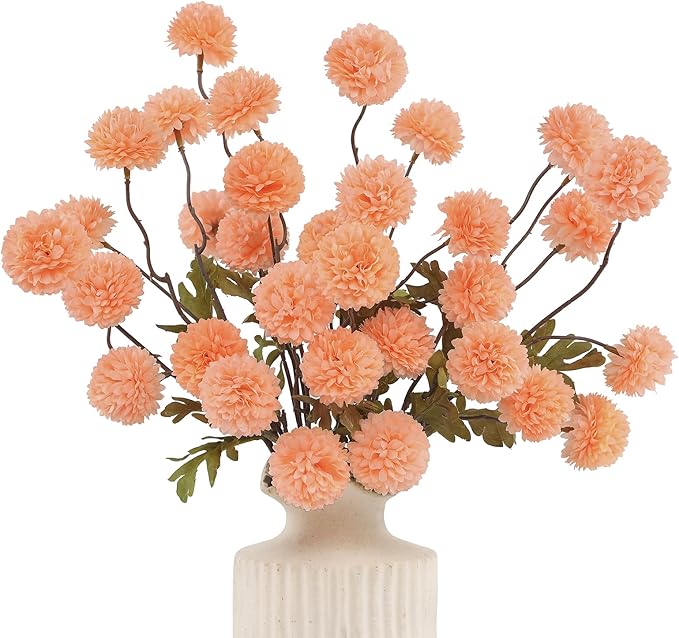 DuHouse 6pcs Artificial Flowers Faux Silk Pompon Mum,Silk Small Mini Chrysanthemum Ball with Stems for DIY Wedding Bouquets Centerpieces Vase Home Table Kitchen Decorations(Peach Fuzz)