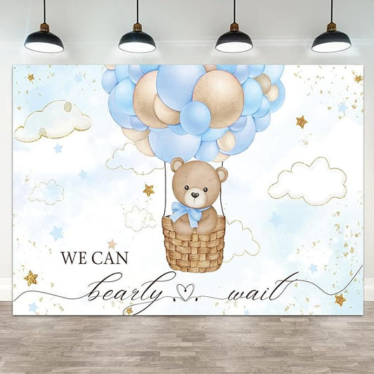 10x6.5ft Baby Shower Backdrop Bear Hot Air Balloon Photography Background Blue Brown Balloons White Cloud Glitter Gold Stars Birthday Party Banner Decorations Newborn Parties Photo Booth Prop