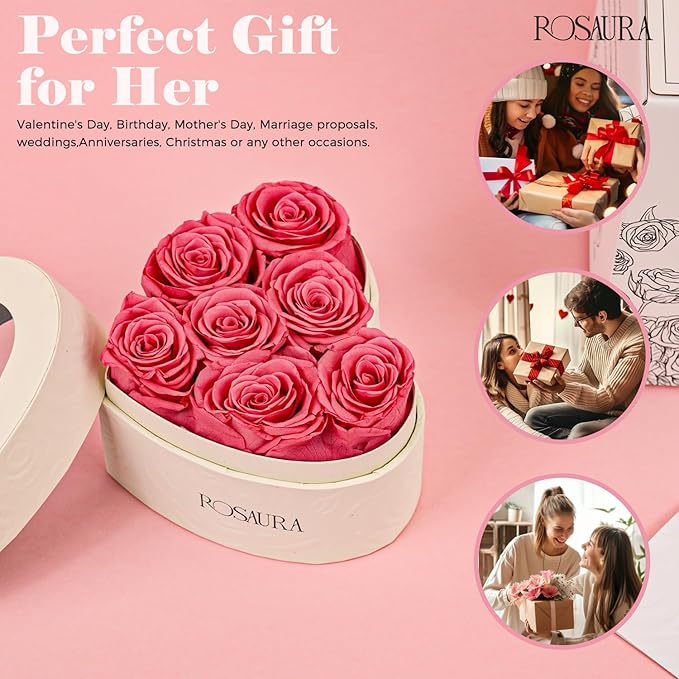 Rosaura Heart-Shaped Preserved Roses Gift Box - Real Forever Flowers for Christmas, Birthday, Valentine's & Mother's Day (Pink, 7 Roses)