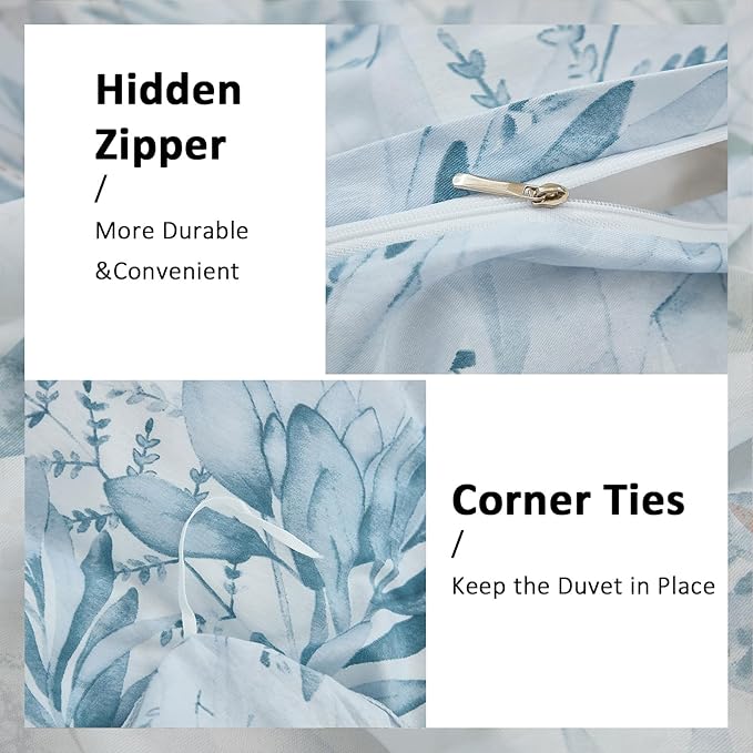 100% Cotton Duvet Cover Queen Size 3 Pieces, Blue Leaf Duvet Cover with Zipper Closure, Soft Floral Bedding Set White and Blue for All Season, Breathable, Ultra Soft
