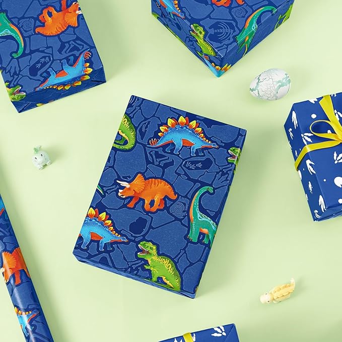 WERNNSAI Dinosaur Wrapping Paper - 1 Roll 17” x 9.8 ft Dinosaur Birthday Wrapping Paper Kids Boys Birthday Gift Wrap Blue Gift Packing Decoration Baby Shower Paw Prints Design Reversible