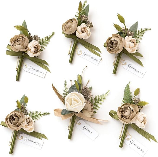 Ling's moment Boutonniere for Men, 6pcs Groom Groomsmen Boutonniere, Artificial Flowers for Wedding Decor/Prom/Homecoming, etc.Brown
