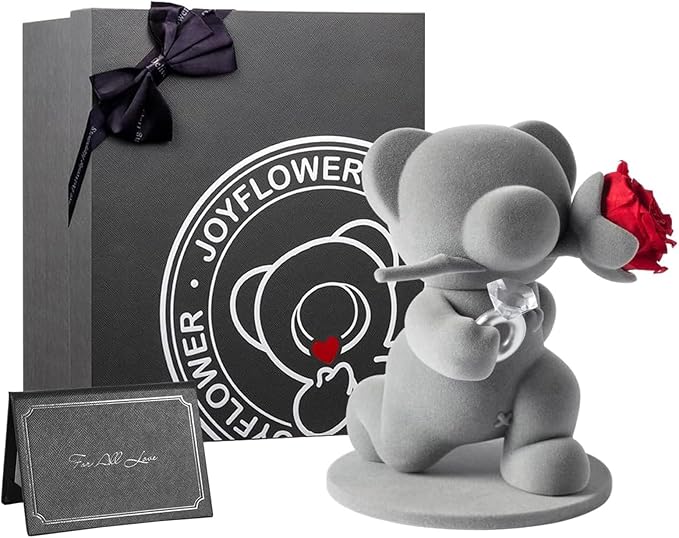 JoyFlower Cute Teddy Bear with Preserved Flowers, Eternal Real Red Rose with Promise Ring Gifts with Gift Box for Girlfriend Wife Women Her in Birthday Christmas, Valentine's, Weddings, Anniversary