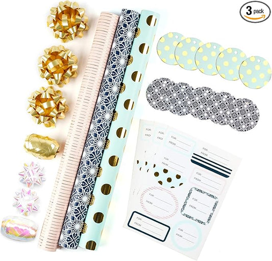 MAYPLUSS Wrapping Paper Set - Mini Roll with Bow & Ribbon & Gift Tags & Stickers - 17 inch X 120 inch Per roll - Pink Gold Stripe, Blue Polka dots and Black Floral Design (42.3 sq.ft.ttl)