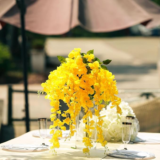 5 Pack Yellow Wisteria Hanging Flowers Garland, 3.77 Feet Artificial Flower Vines, Fake Wisteria, Artificial Vines Hanging Garland for Backdrop Outdoor Yard Garden Decor