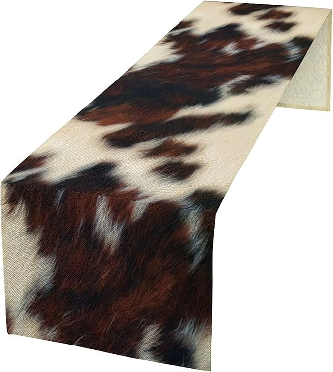 Cow Skin Print Table Runner, Vintage Cottage Country Animal Fur Skin Pattern Western Style Farmhouse Black Brown Cowhide Print Dinner Runner Home Kitchen Dining Table 13x120in