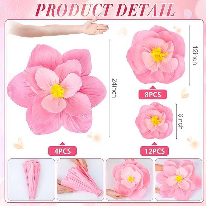 Giant Paper Flowers Artificial Large Paper Flower Decoration for Handcrafted Wall Backdrop Christmas Mexican Wedding Graduation Bridal Shower Birthday Party Supplies(Gradient Pink,24 Pcs)
