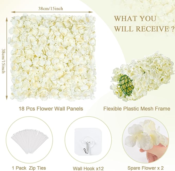 Ivory Backdrop Flowers Wall Panels: 18 Pcs 15 x 15 Inch Floral Backdrop Artificial Flower Wall Decor for Baby Shower Wedding Photo Background Decoration (3.75ft by 7.5ft)