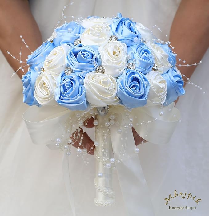 Bridal Wedding Bouquet Round Bling Brooch Bouquet Throw Toss Artificial Rose Flower Bunch for Bride Bridesmaid Wedding Quinceanera(Light Blue & Ivory, 6.3")