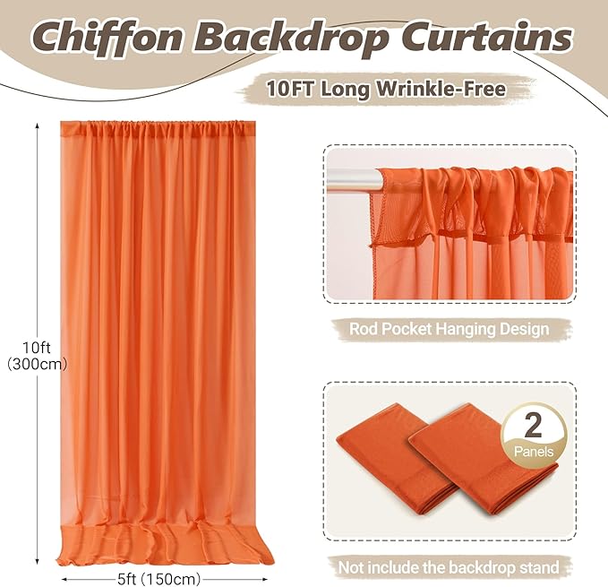 10ft x 10ft Orange Backdrop Curtains, Wrinkle-Free Sheer Chiffon Fabric Photo Backdrop Drapes for Wedding Arch Party Ceremony Stage Photography Decorations