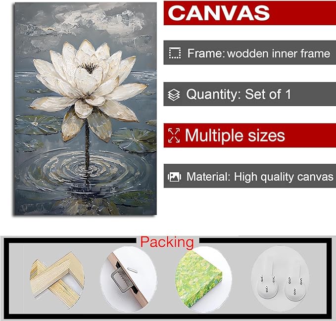 Stunning white lotus emerges from prismatic water with delicate petals background Serene aquatic wall art suitable for modern minimalist decor 28x40in Wood Framed