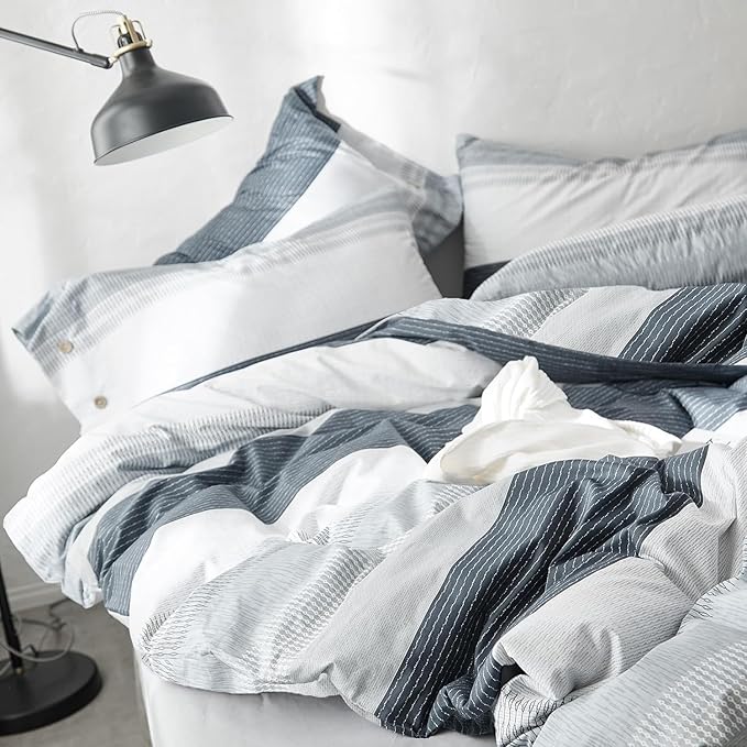 LifeTB Striped Comforter Set King Size, Blue Grey Stripes Pattern Printed Bedding Set, 3 Pieces Lightweight Bedding Comforter Set, Stripe Soft Fluffy Bed Set King Comforter with 2 Pillowcases