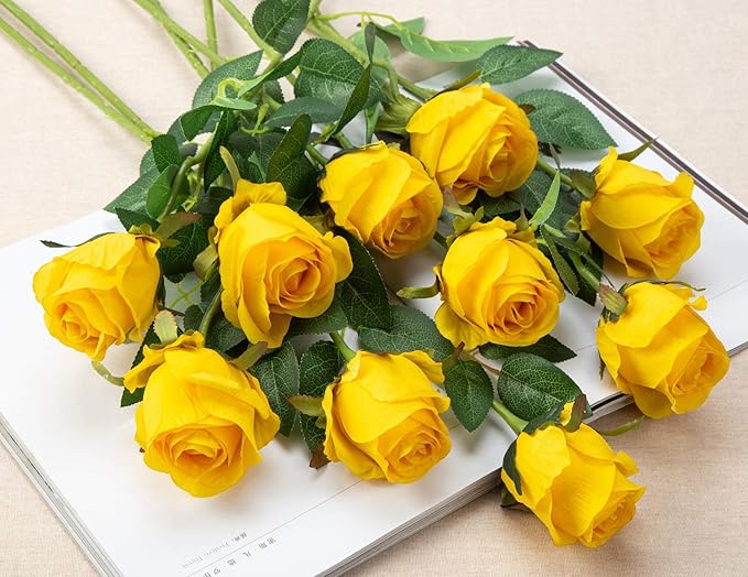 Flojery 10pcs Artificial Rose Flowers Long Stem Fake Silk Roses for DIY Wedding Bouquet Table Centerpiece Home Decor (Yellow)