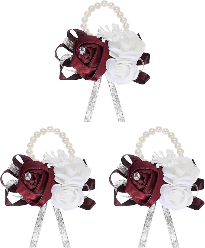 MECCANIXITY 3Pcs Wrist Corsage Artificial Flower Bracelets Rose Wrist Bride Groom Decorative for Wedding Ceremony Prom Party Anniversary Wine Red
