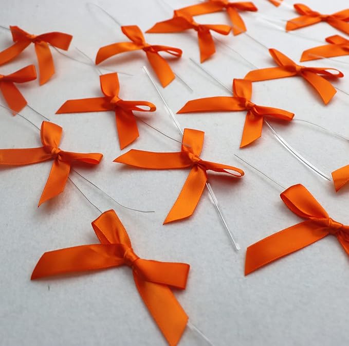 50 Pack 3" Satin Twist Tie Bows, Twist Bows for Treats, Ribbon Bows with Twist Ties Gift Wrap Bows, Pretied Bows Ties for Cake Pops, Baby Shower, Sweets Packaging, Party Favors, Gifts(Orange)
