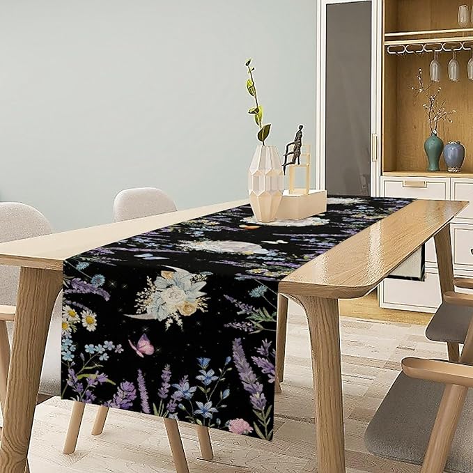 Boho Floral Table Runner, Spring Gothic Moon Phase Wildflower Mystical Witchy Farmhouse Coffee Table Center Decor for Home Kitchen Dining Patio Holiday Party Table Decorations 13x72 inches