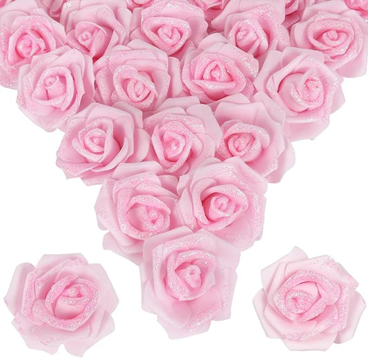 100pcs Light Pink Glitter Roses 2.56" Foam Glitter Flowers Fake Roses Pale Pink Flowers Artificial Roses for Bridal Shower Centerpieces DIY Wedding Flower Arrangements (Light Pink)