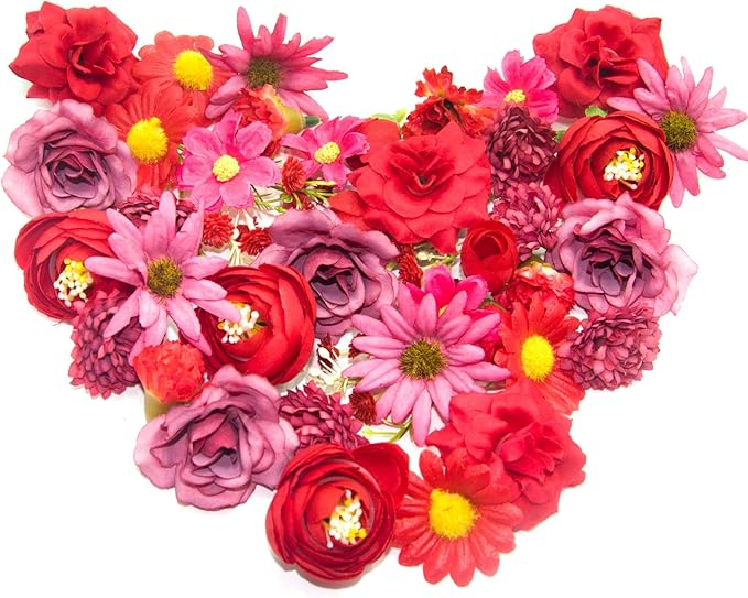 Red Artificial Flowers Heads for Decoration, 40 Pcs Faux Daisy Baby's Breath Fake Rose Small Flowers, Faux Flowers Head Fabric Flower for Crafts, Birthday, Hair Cap Dress Decoration