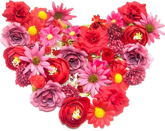 Red Artificial Flowers Heads for Decoration, 40 Pcs Faux Daisy Baby's Breath Fake Rose Small Flowers, Faux Flowers Head Fabric Flower for Crafts, Birthday, Hair Cap Dress Decoration