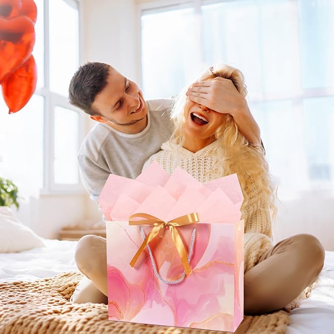 MAMUNU Pink Gift Bags, 2PCS 13” Large Gift Bags with Tissue Paper and Greeting Cards, Gift Bag with Handles Bow for Women Girls, Pink Gift Bags for Birthday Wedding Bridal Baby Shower Anniversaries