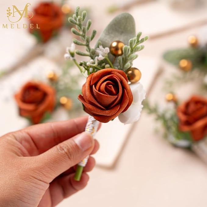 Meldel Burnt Orange Boutonniere for Men Wedding, Set of 6, Groom Groomsman Boutonniere, Mens Boutonnieres for Wedding Prom Ceremony Anniversary Party Homecoming