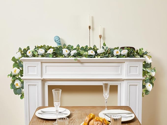 2 Pack 12Ft Artificial Eucalyptus Flower Garland with White Roses, Faux Floral Greenery Garland Fake Flower Vines for Wedding Party Centerpiece Table Runner Arch Party Decor (2PCS,White