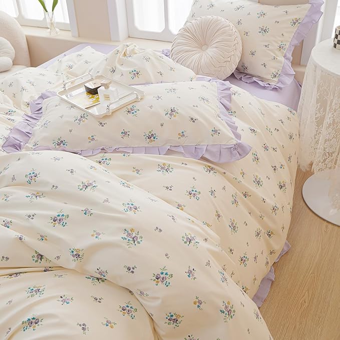 Purple Lace Duvet Cover Queen Soft 100% Cotton Purple Flower Duvet Cover Girls Floral Comforter Cover Garden Style Princess Bedding Set Cottagecore Flower Ruffle Comforter Cover with Zipper Closure