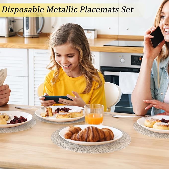 Hysenm 50 Pcs Disposable Silver Placemats Set Metallic 13 Inch Round Foil Mesh Pressed Table Doilies, Ultra-Thin Disposable Placement Mats for Home Decoration Dining Table Wedding Birthday Party