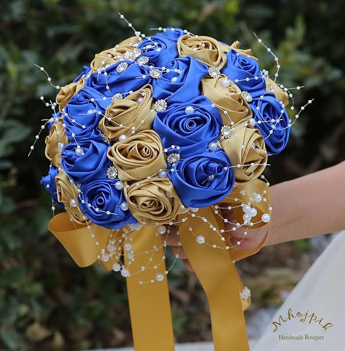Bridal Wedding Bouquet Round Bling Brooch Bouquet Throw Toss Artificial Rose Flower Bunch for Bride Bridesmaid Wedding Quinceanera(Royal Blue & Gold, 7.5")