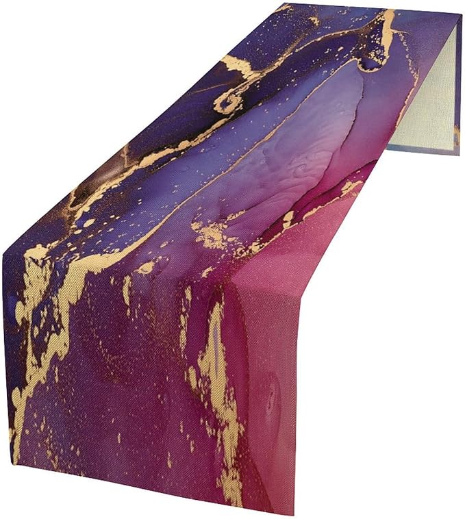 Purple Marble Table Runner Natural Abstract Luxury Ink Texture Gold Veins Red Printing Seasonal Dinner Runner Table Decoration for Farmhouse Home Kitchen Dining Holiday Party 13x90in
