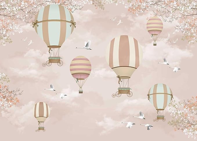 Kids Pink Cartoon Wallpaper Hot Air Balloon Flying Crane Mural for Nursery Girls Bedroom (Not Self-Adhesive)