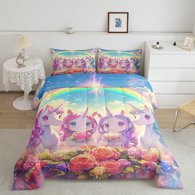 Castle Fairy Kawaii Unicorn Full Size Comforter Set,Cartoon Cute Unicorn Horse Animal Reversible Bedding Comforters Bedroom Collection,Stars Rainbow Watercolor Flowers Bedding Set for Girls Teens