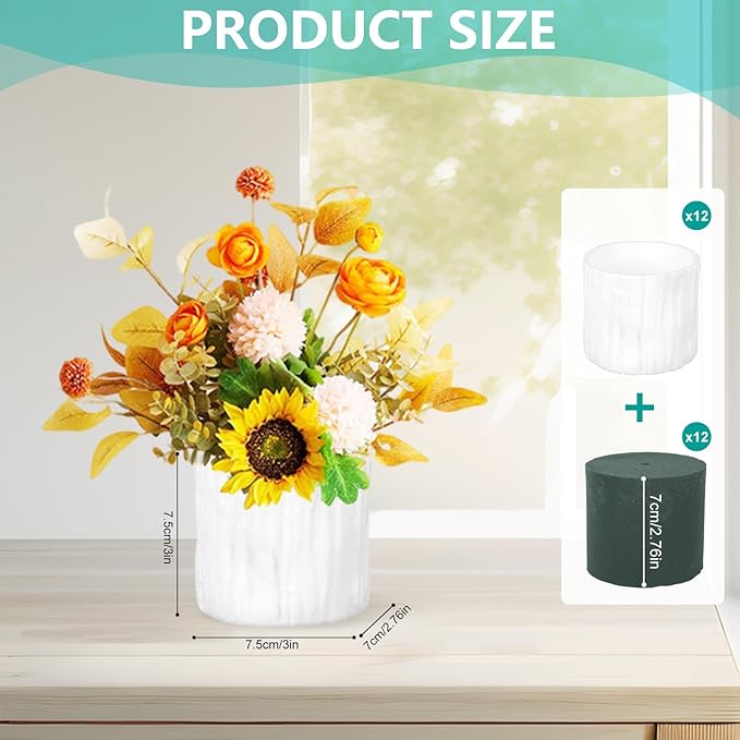 12 Set Plastic Cylinder Planter Box 4 x 4 Inch Flower Boxes for Arrangements Round Plastic Flower Box with Removable Foam Blocks Liner for Centerpiece Home Wedding Garden Decor (White Bark)