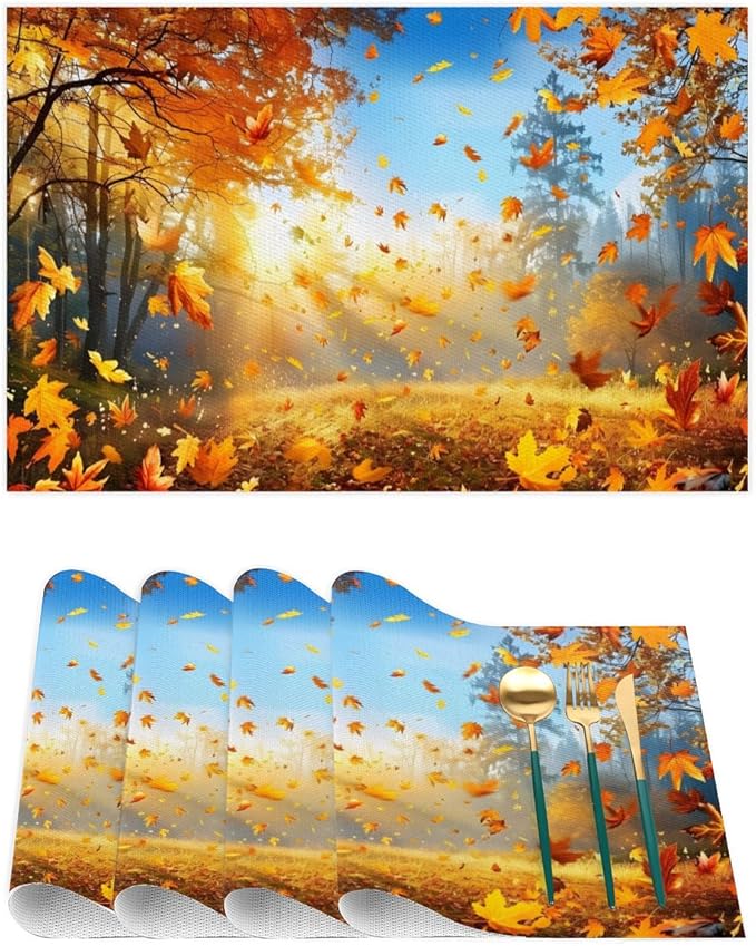 Forest Tree Fall Leaf Placemats Set of 4 PVC Vinyl Non Slip Table Mats Heat Resistant Place Mats Washable Wipeable Dining Table Mat for Kitchen Decor Party Indoor Outdoor Decorative Gift