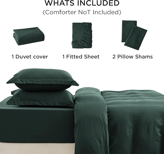 Bedsure Duvet Cover Queen Size with Fitted Sheet - 4 Pieces Prewashed Cotton-Like Extra Soft Bedding Set, Includes 1 Duvet Cover 90x90 Inches, 2 Pillow Shams, 1 Fitted Sheet, Forest Green