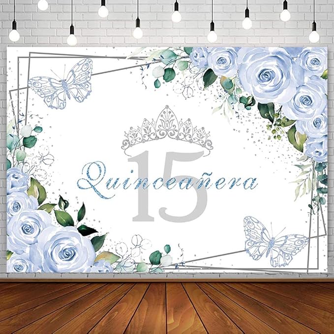 SENDY 7x5ft Quinceañera Backdrop Mis Quince 15 Anos Birthday Party Decoration Supplies for Girl Princess Blue Floral Butterfly Silver Crown Photography Background Banner Photo Booth Studio Props