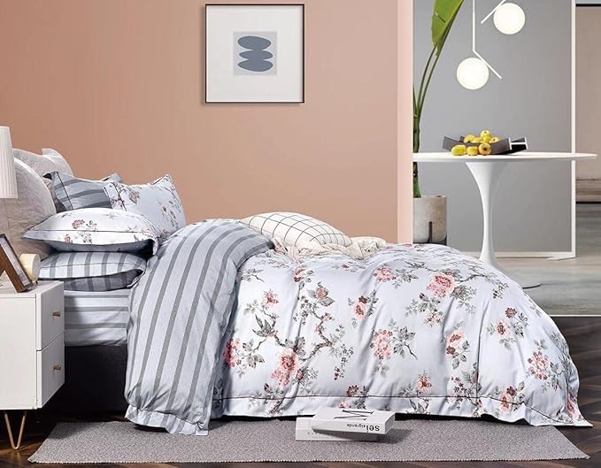 FADFAY Duvet Cover Set Queen Elegant Floral Bedding Shabby Grey Bird Print Flower Quilt Cover Set Vintage Farmhouse Bedding 100% Cotton Soft Comforter Cover Set with Zipper Closure 3Pcs, Queen Size