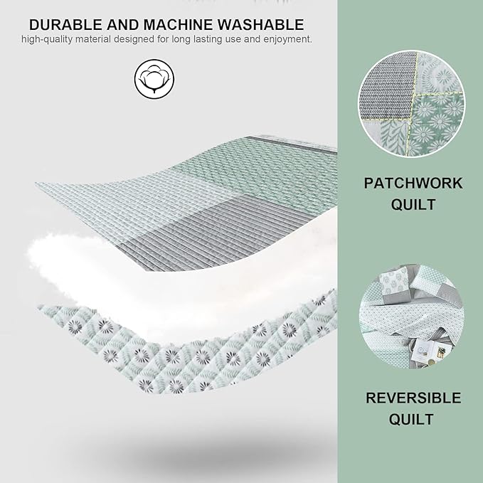 PANGUSHAN Quilt Set Queen Size, 100% Cotton Bedspread Quilt Bedding Set, Patchwork Reversible Floral Quilt for Queen Bed, Green/Grey/White Bed Spread, Lightweight Comforter for All Season, 3 Pieces