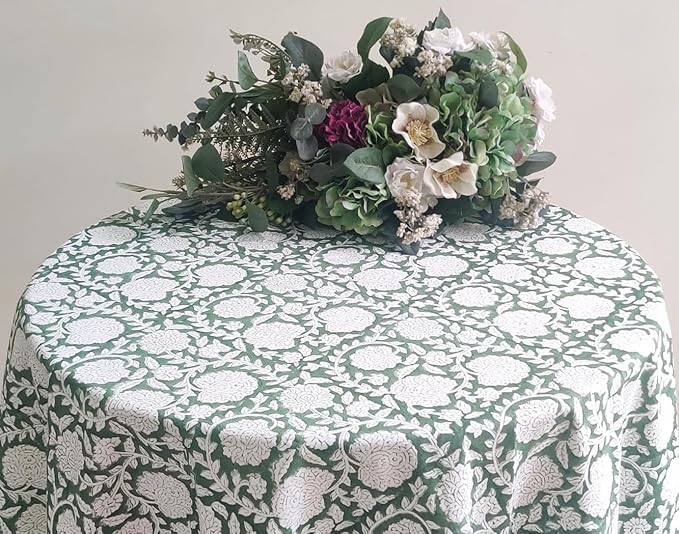 ATOSII Shalimar Green 100% Cotton Round Boho Fall Tablecloth, Handblock Floral Table Cloth Linen for Kitchen Dining I Parties Wedding Outdoors Christmas Thanksgiving I Fall Home Decor 72" Inches Round