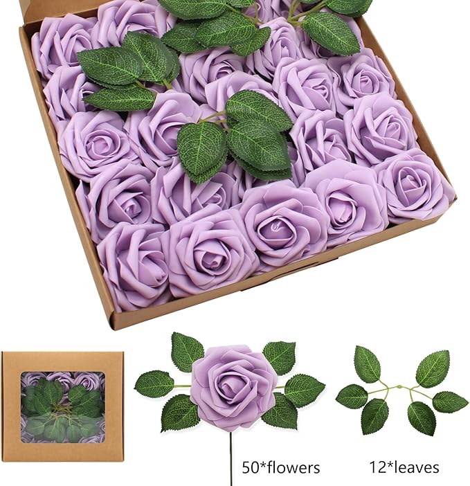 Artificial Roses Flowers 50pcs Real Looking Foam Fake Roses with Stems for DIY Wedding Bouquets Bridal Shower Centerpieces Party Decorations (50, Light Purple)