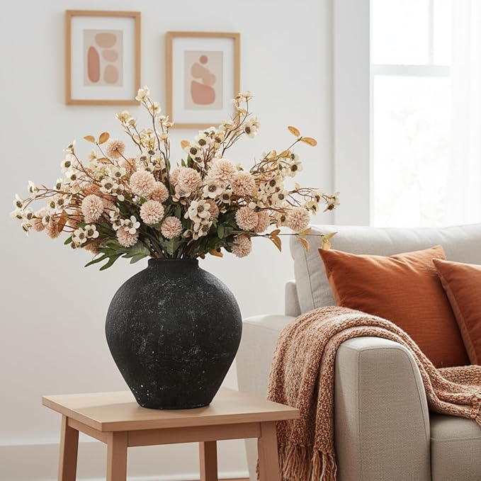 Beige Silk Flower Arrangements For Home Decor, Large Floral Centerpieces For Tables, Fake Mums + Eucalyptus + Wild Flowers in Bulk, Long Stem Artificial Flowers Coffee Dining Table, Faux Mums Flowers