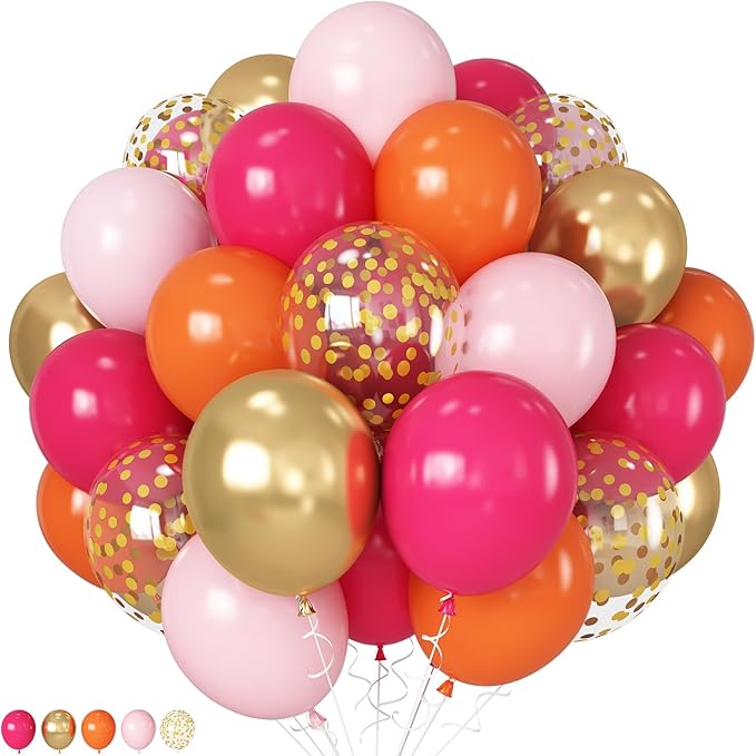 Pink and Orange Balloons 12 Inch Pastel Hot Pink Orange Latex Balloon with Gold Confetti Helium Party Balloons for Tropical Fall Birthday Halloween Baby Shower Thanksgiving Decoration