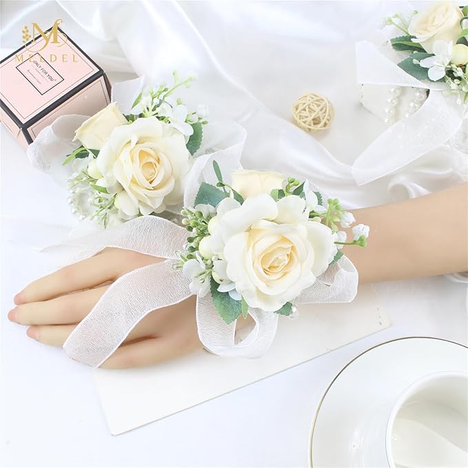 Meldel Champagne Wrist Corsage for Bride Bridesmaid Wedding,Set of 6, Romantic Artificial Rose Pearls Wristband Wrist Flower for Bridal Shower Ceremony Prom Party, Mother and Grand Mother Wrist Flower