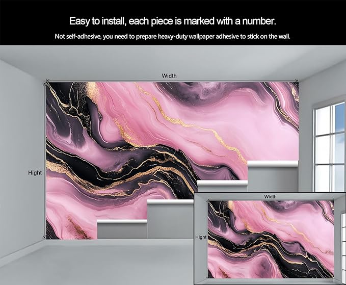 Pink Black Marble Wall Mural, Luxury Fluid Art 3D Wall Murals, Gold Vein Abstract Marble Wallpaper Mural, for Living Room Bedroom Large Wallpaper Indoor Decor 157.5" W x110.3 H