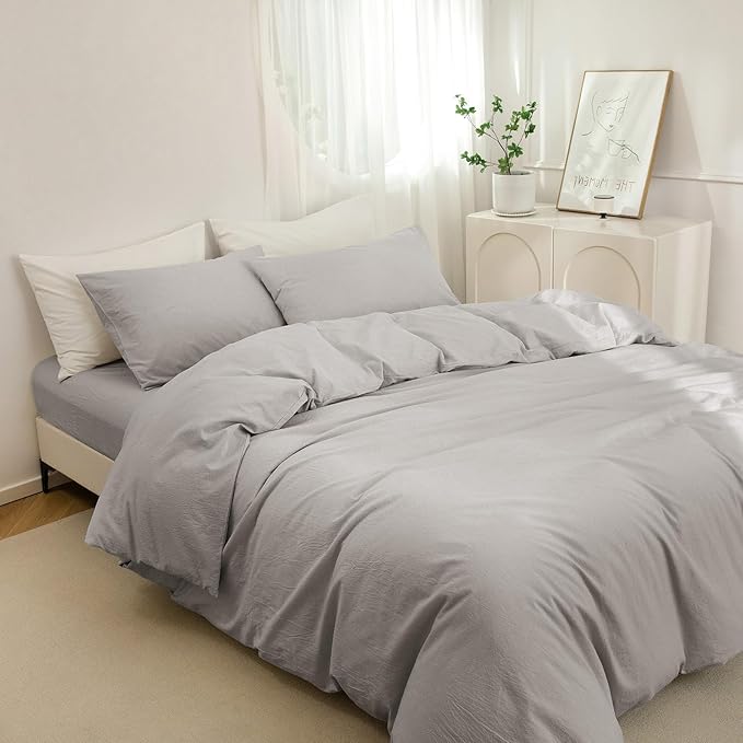 JIYUAN 100% Washed Cotton Duvet Cover Set 3 Pieces King, 1 Duvet Cover 104x90 Inches(Comforter Not Included) and 2 Pillowcases,Linen Feel Bedding Set Comfy and Breathable, Heathered Pastel Grey